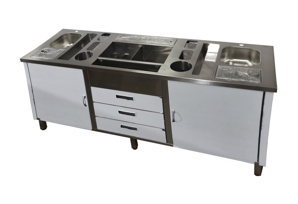 Барная станция профессиональная (1930x600x850 мм) с 2 мойками, льдогенератором и 2 ринзерами